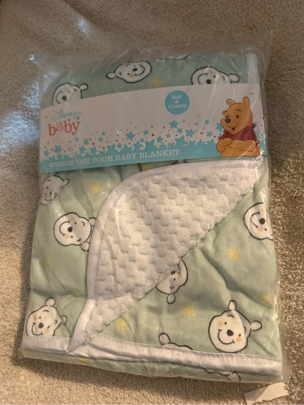 Disney Baby Winnie the Pooh Mint Green and White Plush Baby Blanket